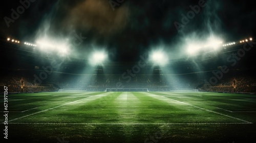 A image of Green soccer field bright spotlights night view Generative AI © Saim Art