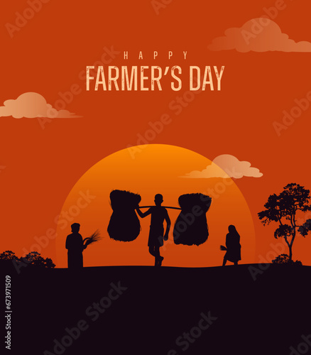 Happy Farmers Day Text with an Indian farmer farming silhouette vector illustration for a social media creative post template 