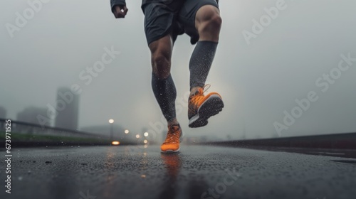 Athlete dashes through the downpour.