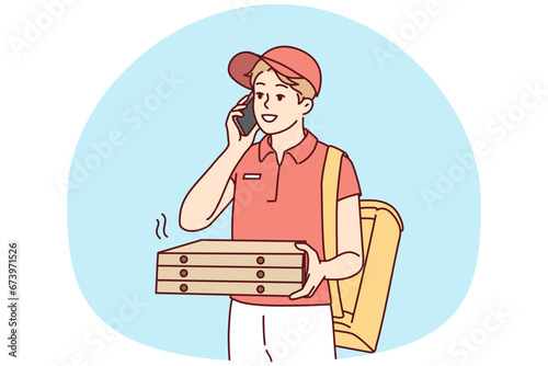 Happy young male deliveryman with pizza boxes calling client on cellphone. Smiling man courier deliver order to customer. Vector illustration.