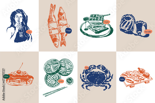 Minimalist hand drawn food and drink vector illustration collection. Art for postcards, branding, logo design, background.