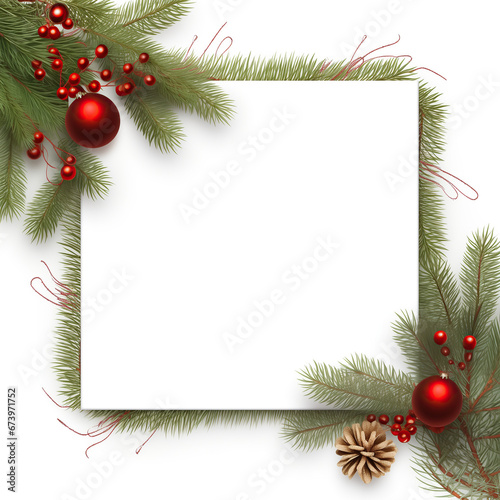 Blank picture frame surrounded by Christmas tree branches and decorations