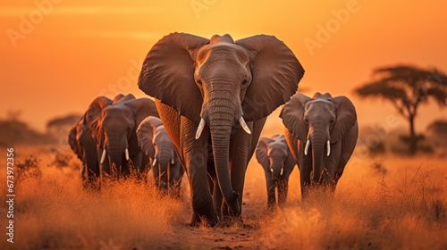 A photo of elephants on sunset A giant elephant is all the first. Generative AI photo