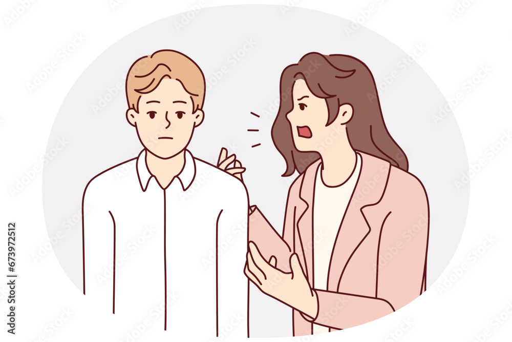 Fototapeta premium Aggressive annoying woman yelling at tired bored husband. Furious mad wife scream and shout at ignorant man. Relationship problems. Vector illustration.