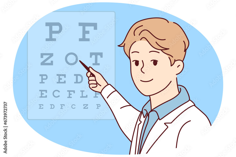 Smiling male doctor in white uniform show letters on board for patient. Happy ophthalmologist or eye specialist do checkup for patient. Vector illustration. Smiling male doctor in white uniform show letters on board for patient. Happy ophthalmologist or eye specialist do checkup for patient. Vector illustration.