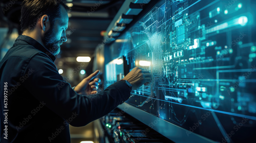 A photo of man touch the screen Internet Business Digital technology Network concept. Generative AI A photo of man touch the screen Internet Business Digital technology Network concept. Generative AI