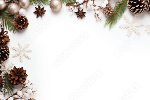 Composition with Christmas elements for greeting cards, announcements or presentations. White background. AI generated image © Carlos Dominique