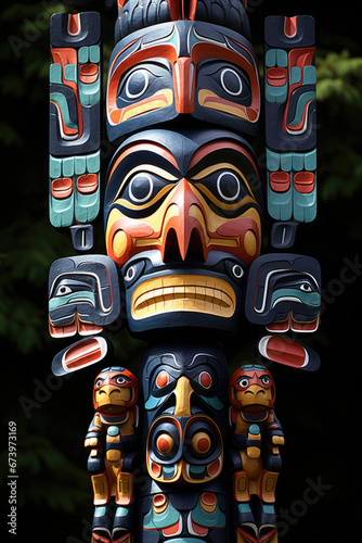 tribal totem pole in the forest