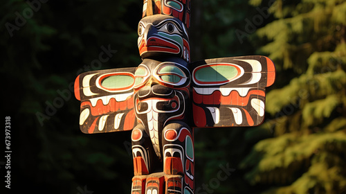 tribal totem pole in the forest photo