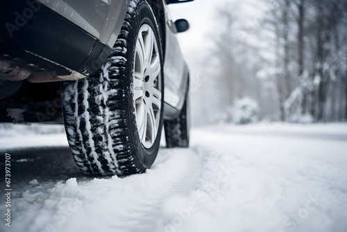 Back view of tire of car in winter snow landscape