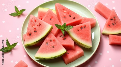 A photo of watermelon slice with leaves in plate Generative AI