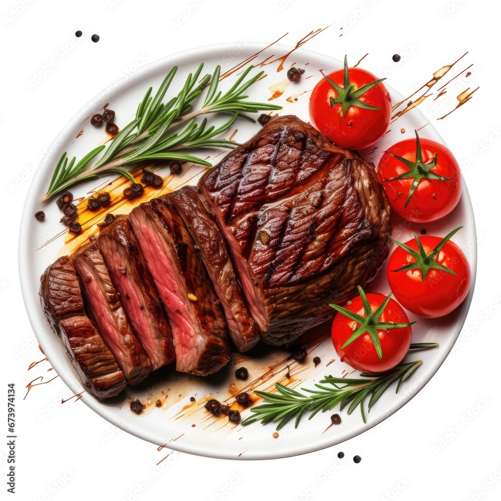 A picture of Delicious Grilled Steak with Roasted Tomatoes in plate Generative AI