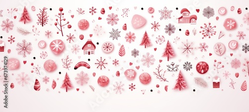 Pattern of Winter holidays snowflakes in red pink pastel colors illustration on white background. Winter holidays banner. Horizontal format for banners, posters, advertising. AI generated.