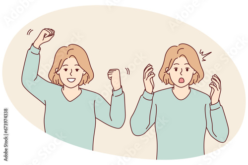 Young woman feeling unhappy and happy showing different emotions. Emotional girl feel stressed and excited. Mood swing. Vector illustration.