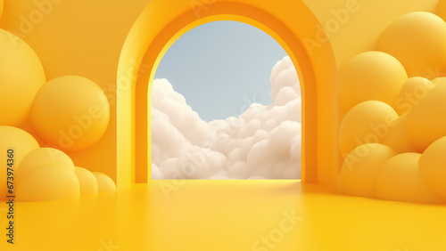 Vibrant gateway in the sky with fluffy clouds, cartoon arch