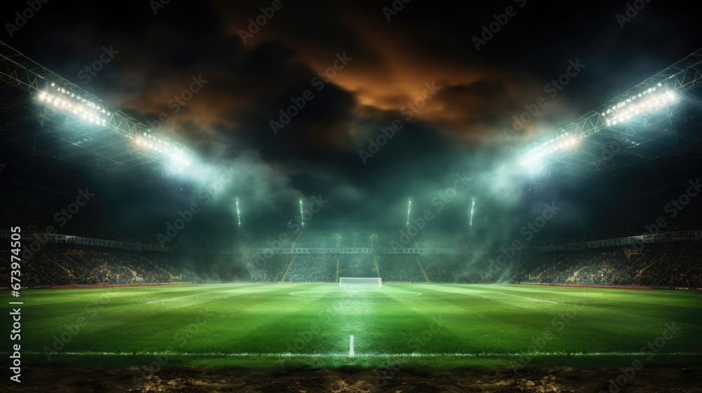 A picture of Green soccer field bright spotlights night view Generative AI