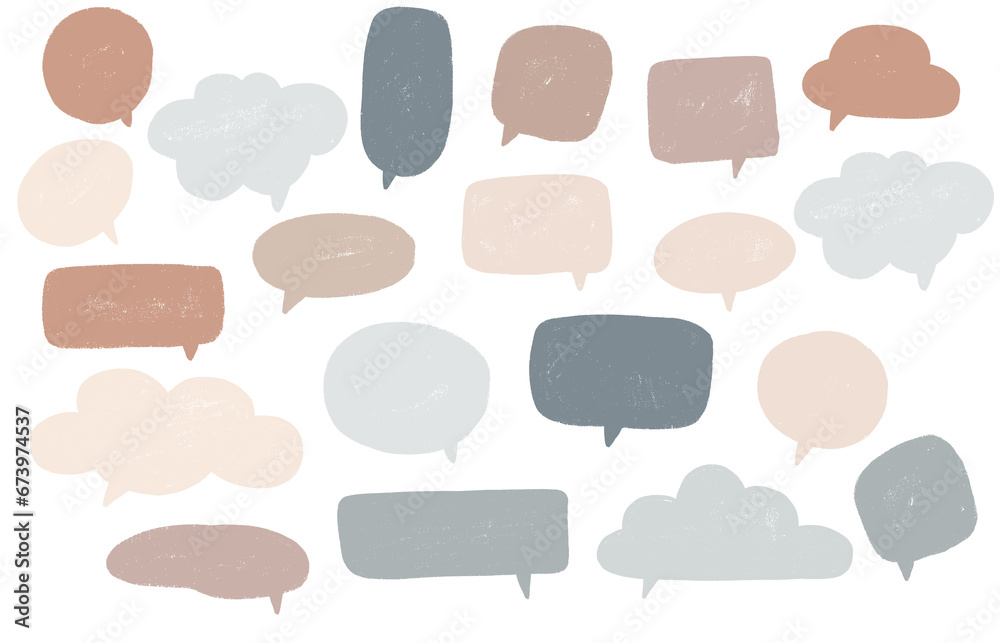 Set of colorful speech bubbles balloons, empty space for text, textured sketch, cold neutral colors, png transparent background Set of colorful speech bubbles balloons, empty space for text, textured sketch, cold neutral colors, png transparent background