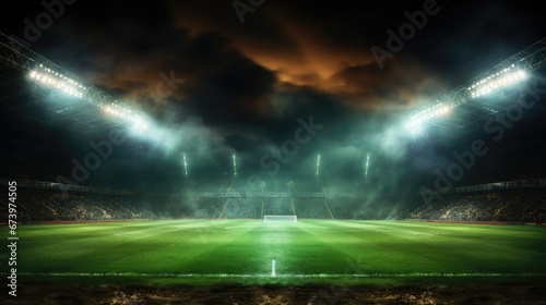 A picture of Green soccer field bright spotlights night view Generative AI © Saim Art