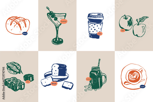 Minimalist hand drawn food and drink vector illustration collection. Art for postcards, branding, logo design, background.