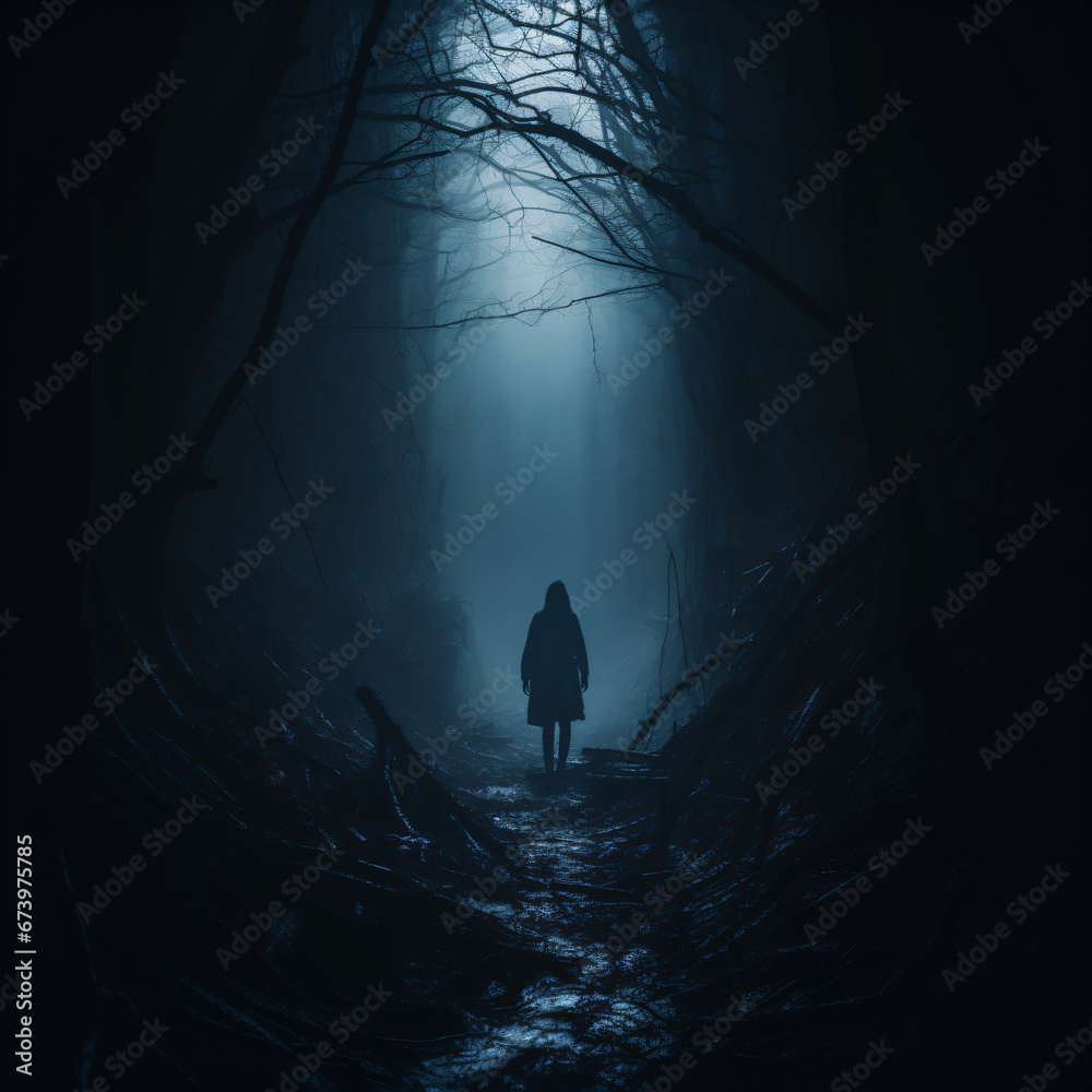 a lone figure walking in a mysterious forest