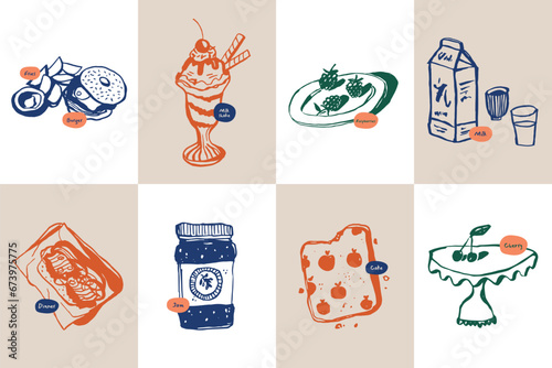 Minimalist hand drawn food and drink vector illustration collection. Art for postcards, branding, logo design, background.