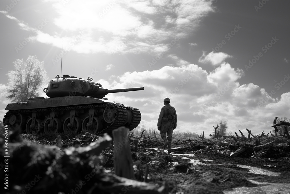 World War Two tank and solider on battlefield, black and white film ...