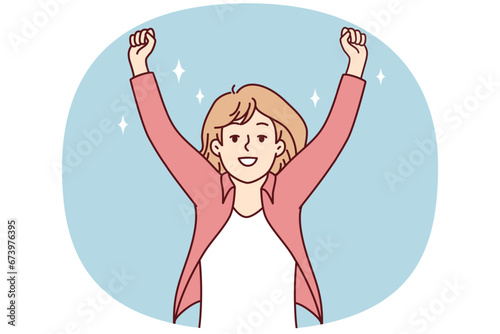 Smiling woman raise hands celebrate success or promotion. Happy female feel euphoric with win or victory. Vector illustration.