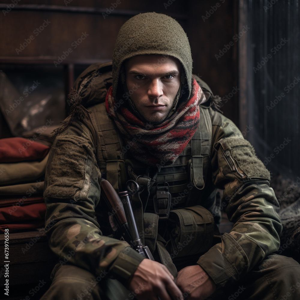 Russian Army soldier in full armor, portrait, dark background.