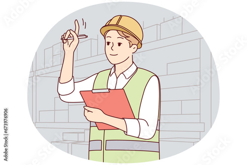 Man in uniform and helmet working in warehouse. Smiling male engineer or mechanic at storehouse or depot. Occupation and profession. Vector illustration.