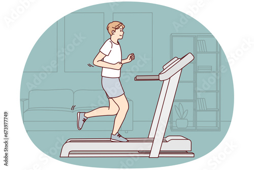 Young sportive man in sportswear running on racetrack at home. Toned motivated male do sports training indoors. Physical activity. Vector illustration.