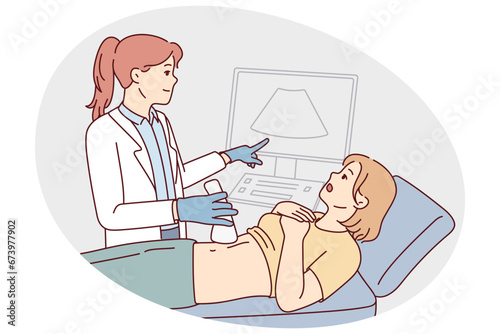 Doctor do belly ultrasound for woman lying on bed in hospital or clinic. Gynecologist or GP scan female patient abdomen. Healthcare and medicine. Vector illustration.