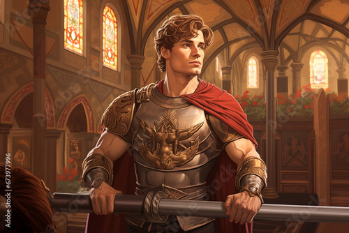 heroic knight in ornate armor standing in a church with stained glass windows