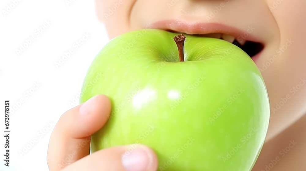 happy Child with ideal teeth eating green apple. Little Handsome Boy with Health food. advertising of dentistry and healthy lifestyle happy Child with ideal teeth eating green apple. Little Handsome Boy with Health food. advertising of dentistry and healthy lifestyle