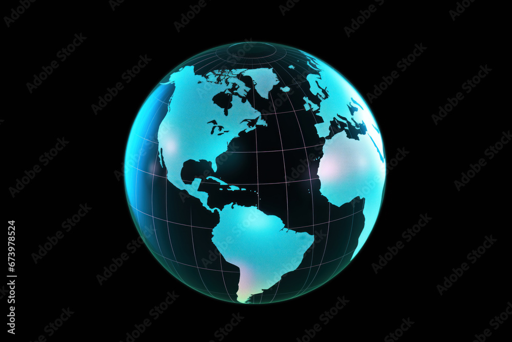 Holographic neon colored wired Earth globe, isolated on black background