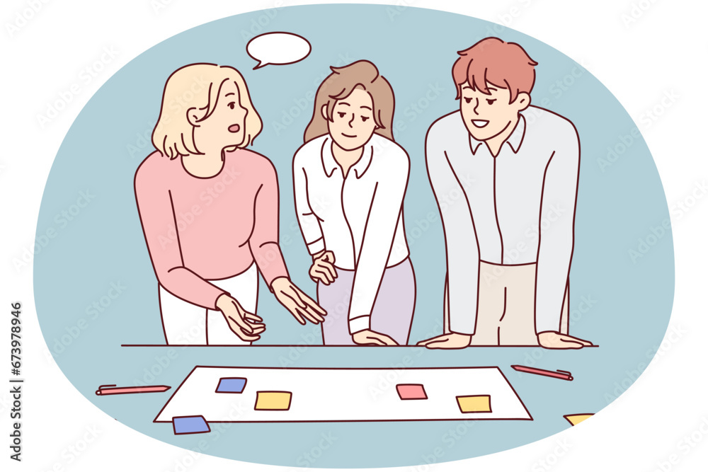 Businesspeople brainstorm at office meeting discuss business ideas with sticky notes together. Smiling employees or colleagues engaged in teamwork activity. Vector illustration. Businesspeople brainstorm at office meeting discuss business ideas with sticky notes together. Smiling employees or colleagues engaged in teamwork activity. Vector illustration.