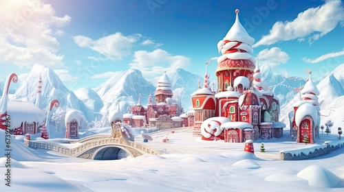 Fotografia Christmas city with a big red castle and a snow-covered bridge