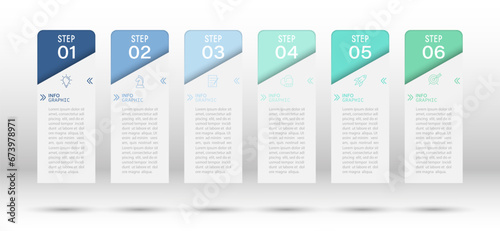 Business infographics. 6 stages of achieving the goal. Stages of the workflow, development, marketing, plan or training. Business strategy with icon icons. Report or statistics schema