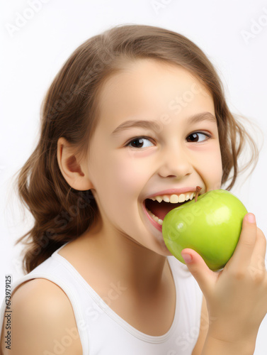 happy Child with ideal teeth eating green apple. Little Handsome girl with Health food. advertising of dentistry and healthy lifestyle