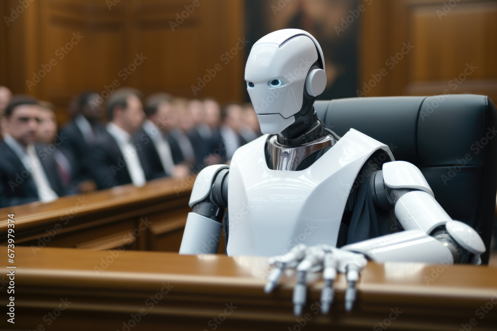 Humanoid robot sitting in courtroom - obrazy, fototapety, plakaty 