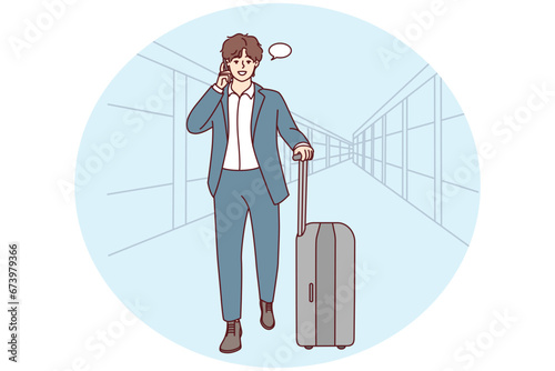 Young businessman with suitcase walking in airport talking on cellphone. Confident male boss in suit have smartphone call ready for business trip. Vector illustration.