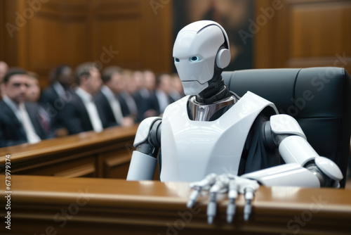 Humanoid robot sitting in courtroom photo