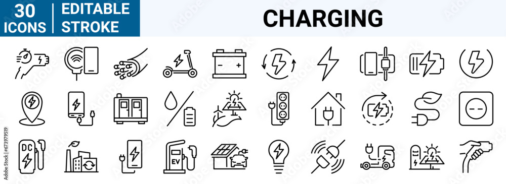 set of 30 line icons charging, battery related. car charging station, recycling, phone charging. Collection of Outline Icons. Vector illustration.