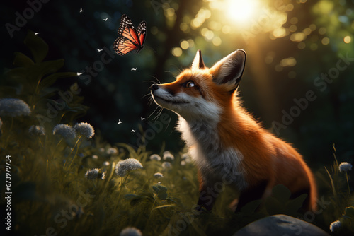 curious fox gazing at a monarch butterfly in a dappled light forest clearing © Dreem Visuals