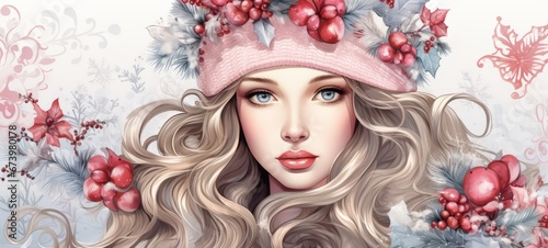 Beautiful Christmas woman with christmas flowers in pink and pastel colors watercolor illustration in white background. Winter holidays. Horizontal format for banners, posters, advertising, gift cards