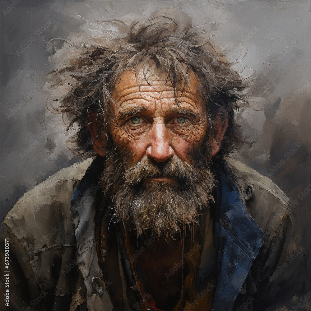 Portrait of a man 50-60 years old, hobo, homeless. - obrazy, fototapety, plakaty 