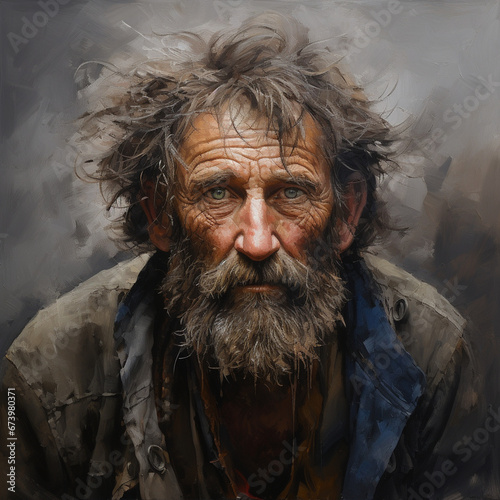 Portrait of a man 50-60 years old, hobo, homeless.