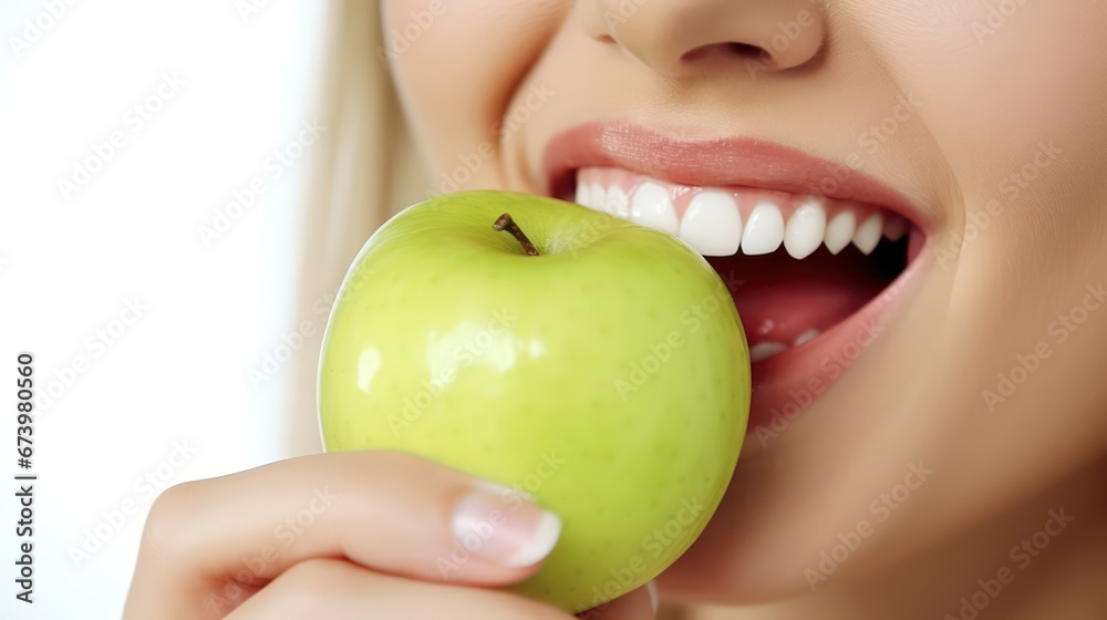 Beautiful woman eating a green apple in the studio on white background. female smile after teeth whitening procedure. Dental care. Dentistry and healthy lifestyle concept. Beautiful woman eating a green apple in the studio on white background. female smile after teeth whitening procedure. Dental care. Dentistry and healthy lifestyle concept.