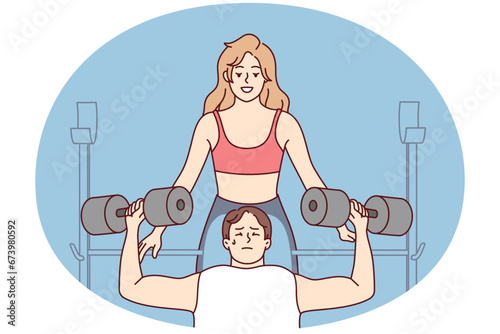 Female trainer help male client workout in gym. Woman athlete or coach train with customer with barbells in sport center. Vector illustration.