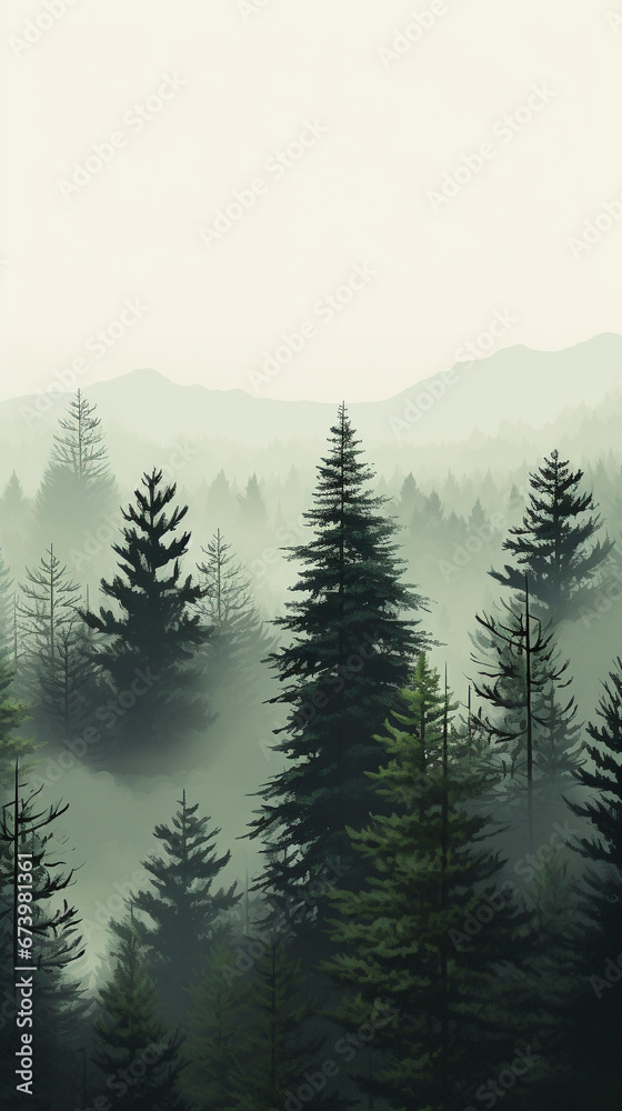 Obraz na płótnie drone photo of a forest in Idaho and the Pacific Northwest on a foggy day, vertical orientation for social platforms  w salonie
