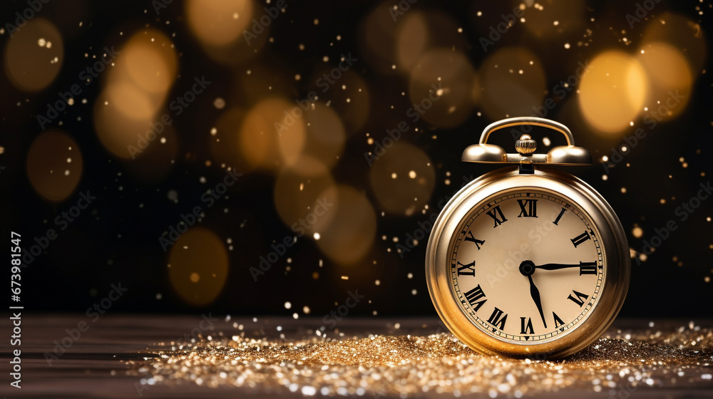 Gold Antique Clock against a Gold Shimmer Bokeh Background New Year Concept Gold Antique Clock against a Gold Shimmer Bokeh Background New Year Concept